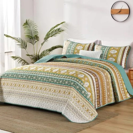 Boho Quilt Size Colorful Bohemian Bedspread Size Set with 2 Pillow Shams Lightweight Summer Soft Microfiber Western Bedding Set