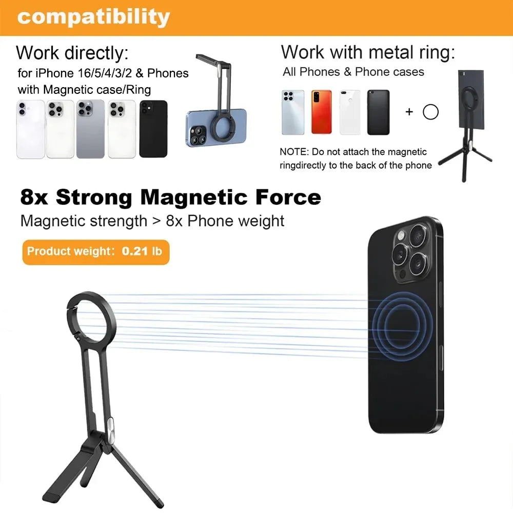 Portable Foldable Phone Tripod Carabiner-Mounted for Magsafe Phone Dual-sided Magnetic Phone Bracket for Live Streaming Selfie