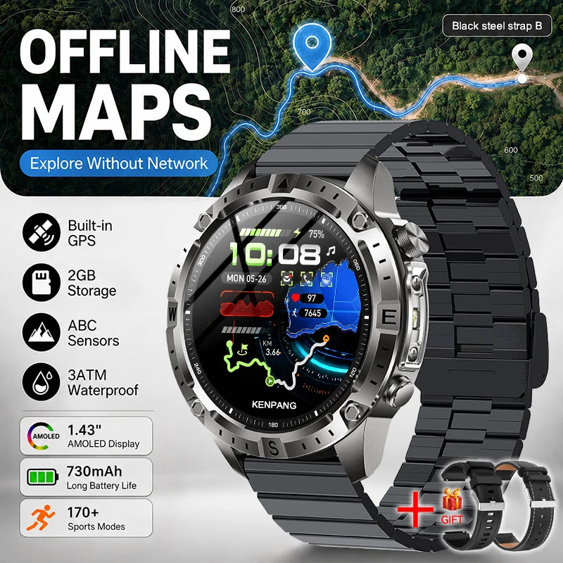 New Outdoor GPS Offline Map Smart Watch Men 3ATM Waterproof 170+ Sports LED Compass Altimeter AMOLED Bluetooth Call Smartwatch