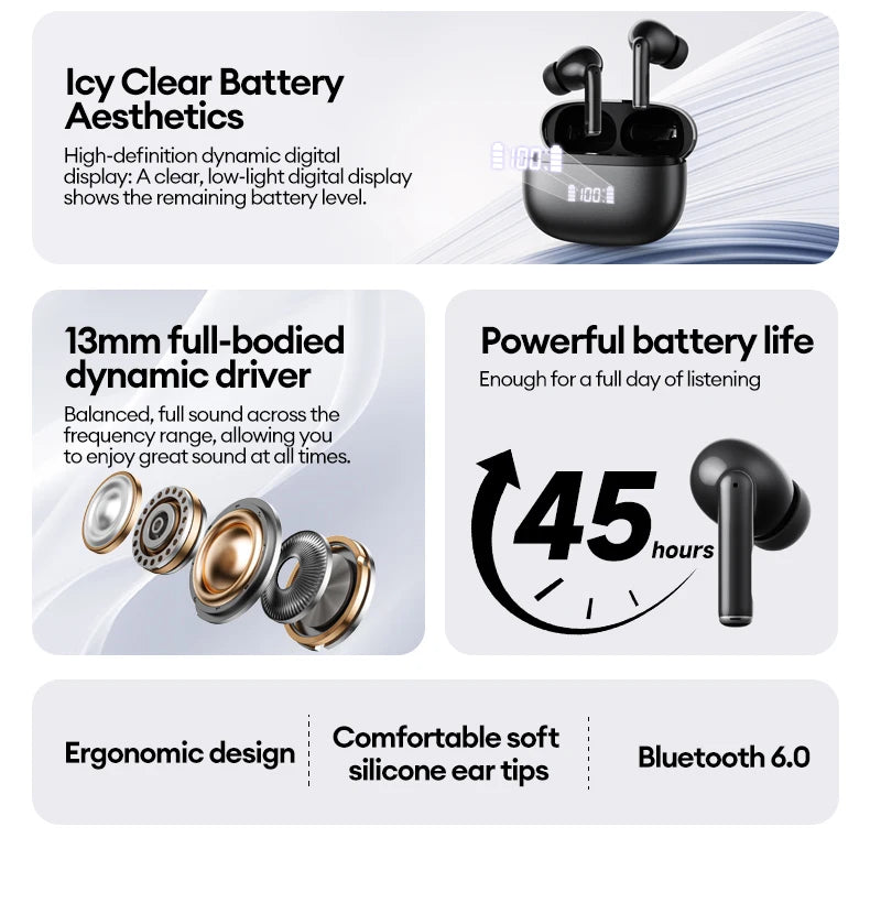 New Lenovo LE232 ANC Bluetooth 6.0 Headphones Active Noise Cancelling Wireless Earphone Power Display Music TWS Earbuds Choice