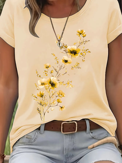 Purple Floral Branch Women's Tee - Delicate Watercolor Flower Graphic, Casual Light Purple Top