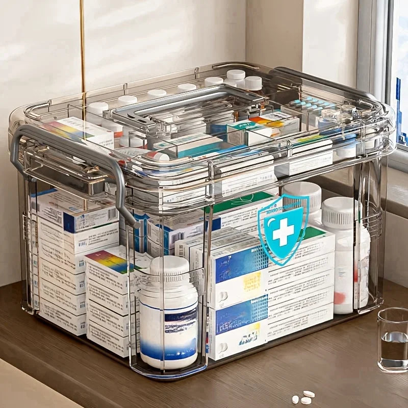 Transparent Plastic First Aid Box with Handle Household Emergency Medicine Storage Organizer Box