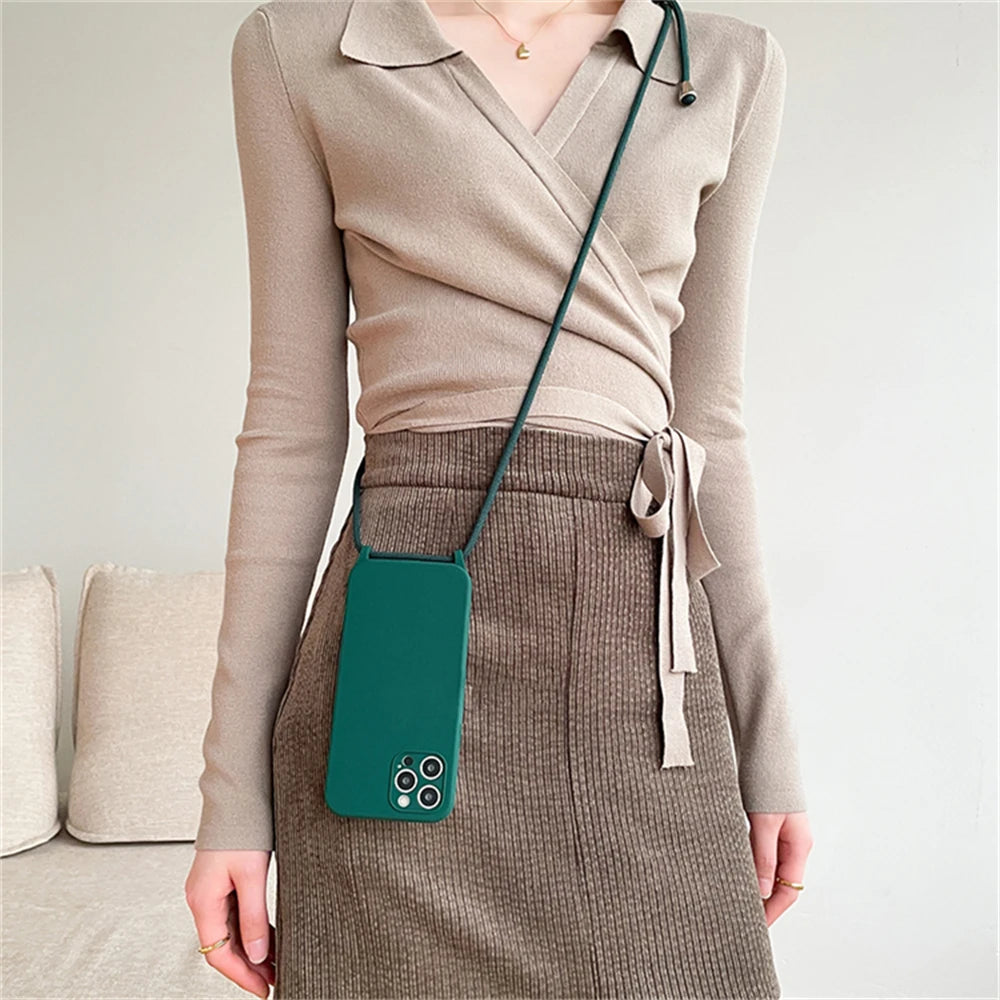 Crossbody Necklace Lanyard Cord Strap Liquid Silicone Case For iPhone 17 16 15 13 11 12 14 Pro Max XS XR X Plus Soft Candy Cover