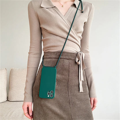 Crossbody Necklace Lanyard Cord Strap Liquid Silicone Case For iPhone 17 16 15 13 11 12 14 Pro Max XS XR X Plus Soft Candy Cover