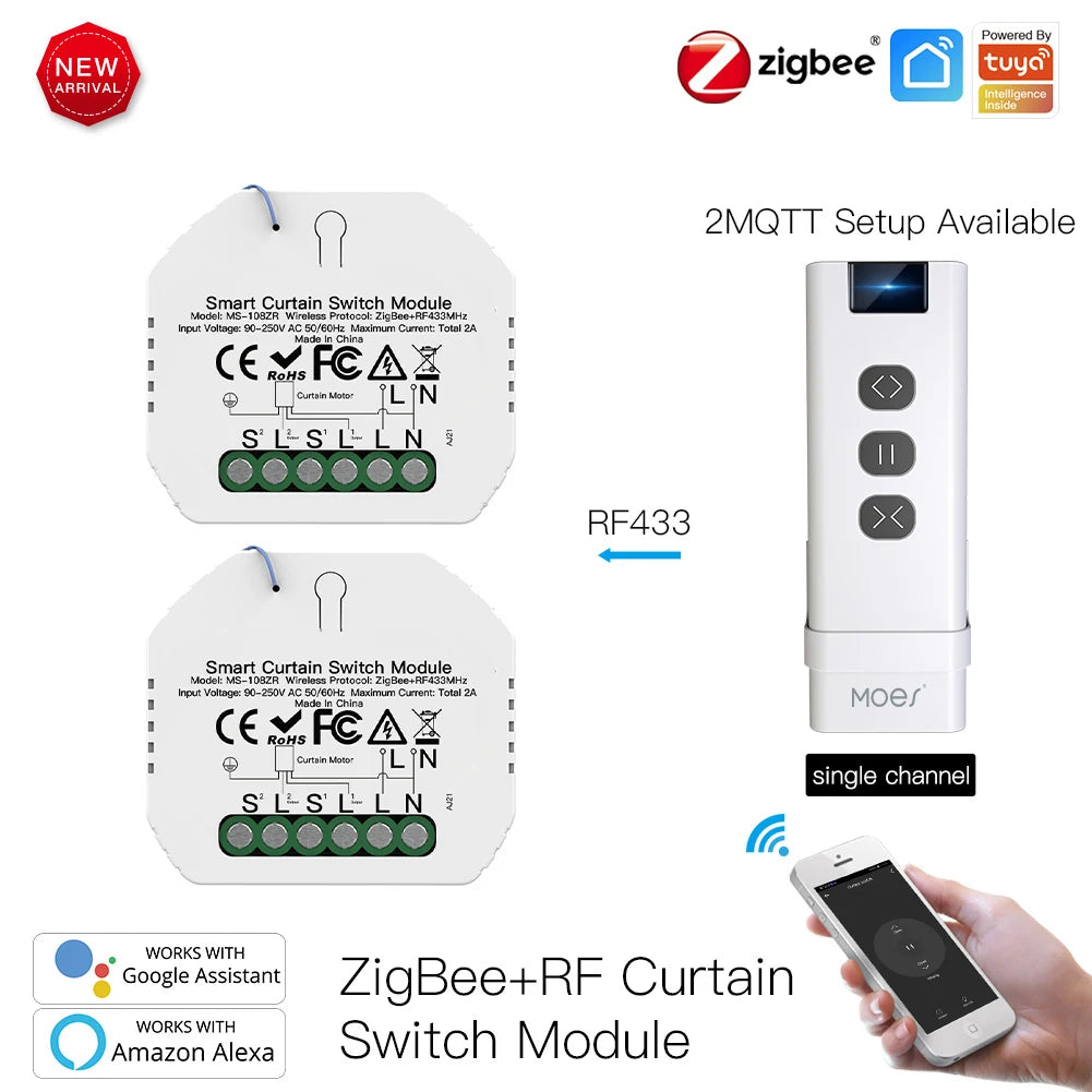Moes Tuya ZigBee Smart RF433 Curtain Switch Module DIY for Motorized Roller Blinds Motor 2MQTT Smart Life APP Alexa Google Home