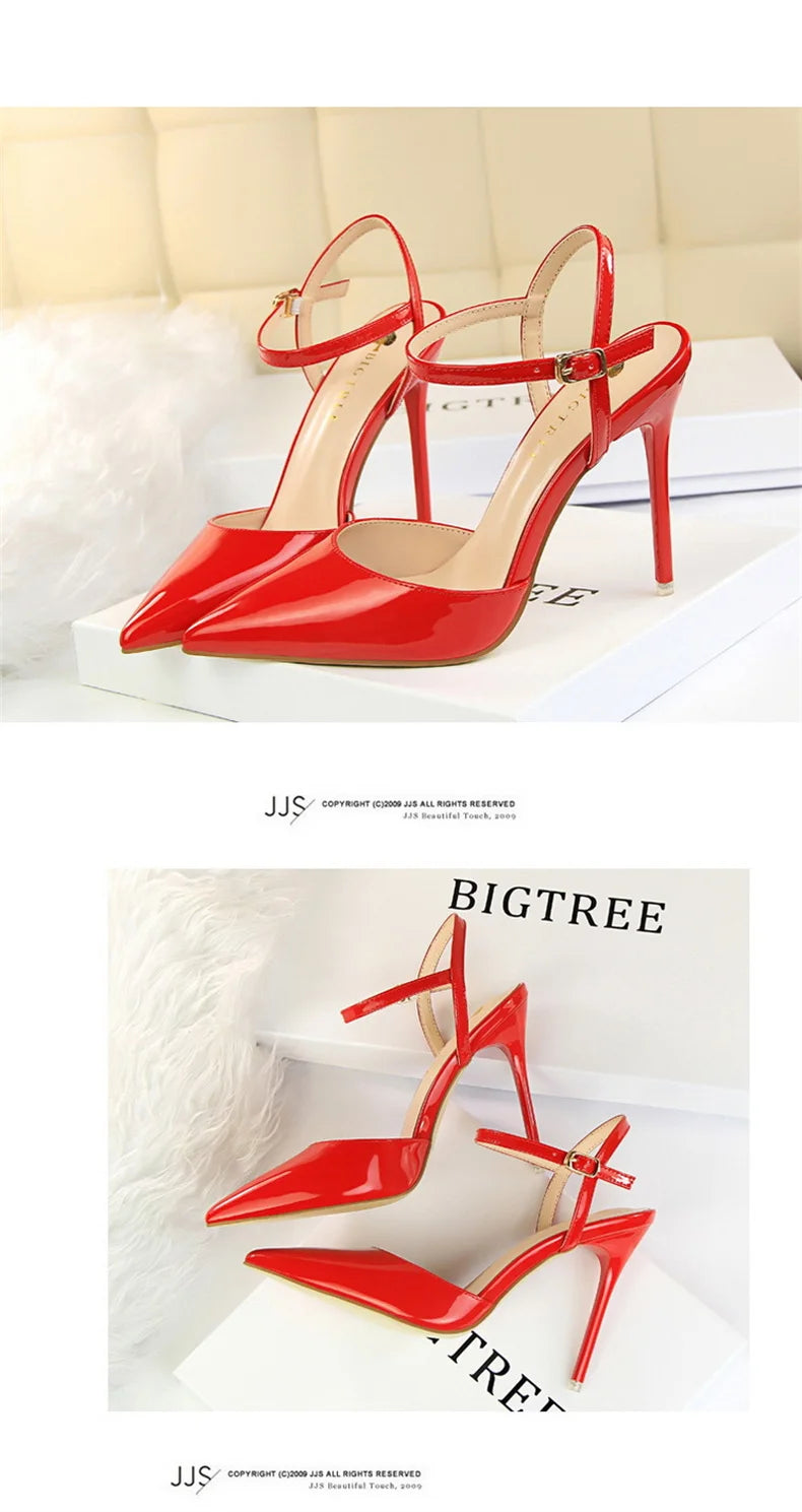 Women High Heels Sandals Metallic Gray Patent Leather Stripper Ankle Strap Wedding Nightclub Pointed Toe Party Valentine 86-1