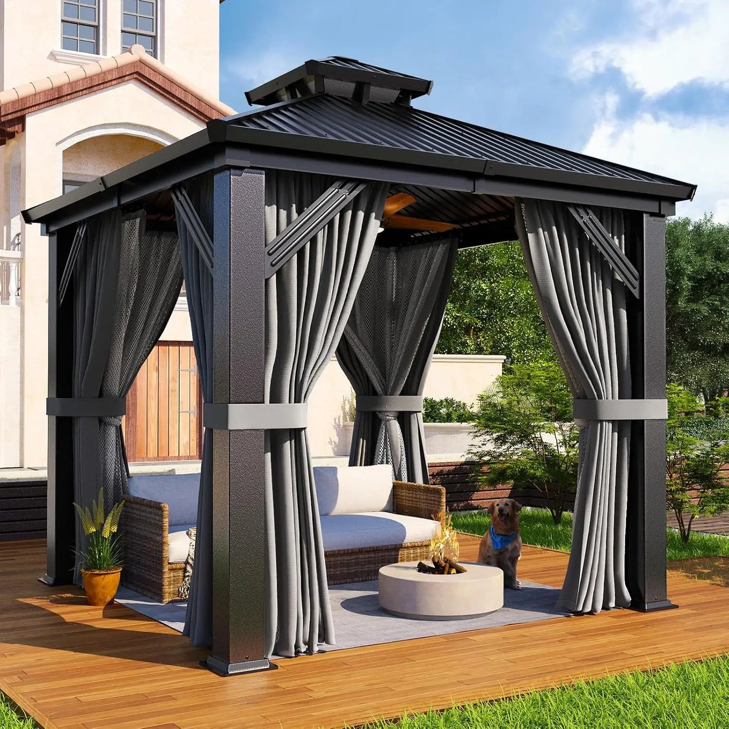 8x8FT Sturdy Hardtop Gazebo, Rustproof Aluminum Frame Double Steel Roof Outdoor Shelter with Decorative Curtains, Customized