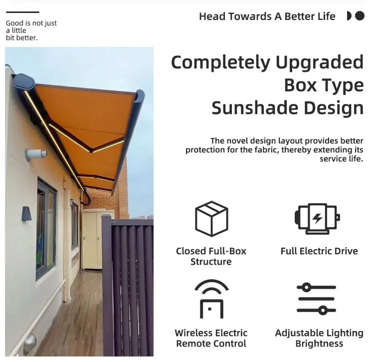 Electric waterproof full cassette aluminum alloy frame retractable awning articulated arm patio garden awning