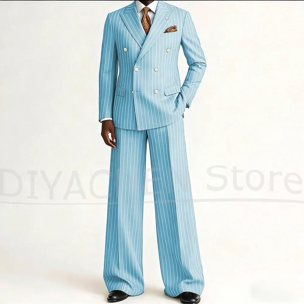 Men's Striped Double Breasted Suit Set Fashion Peak Lapel Formal Outfits 2 Piece Wedding Business Events Casual Male Suit