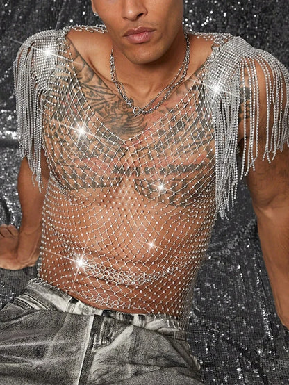 Tank Tops Shiny Rhinestone Fishnet Hollow Out Top Men Mesh See Through Tassel T-Shirt Man Party Clubwear Transparent Vest