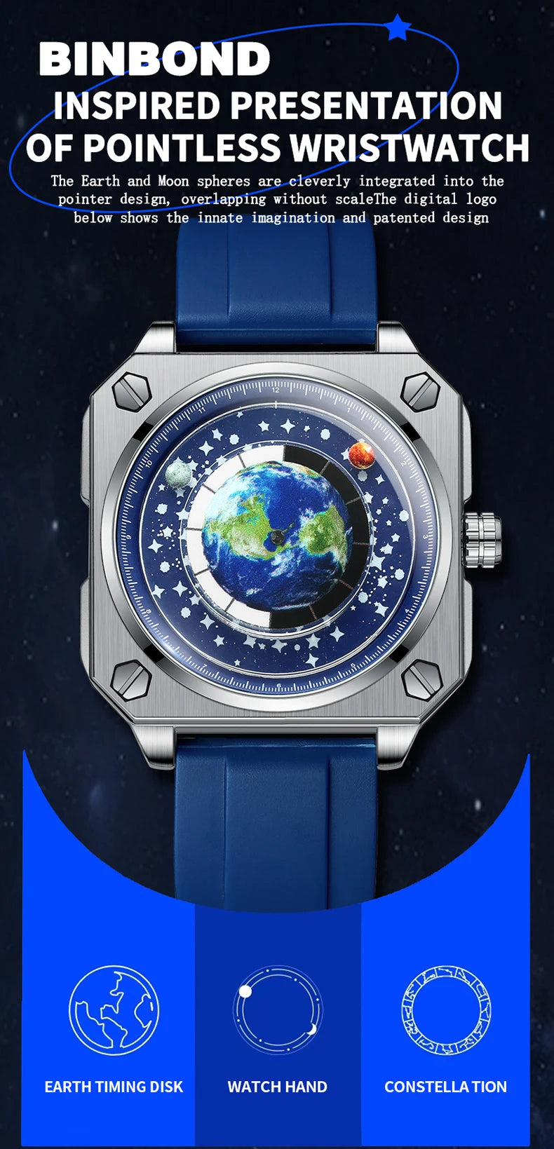 BINBOND Earth&Star Cool Quartz Wristwatches for Men Luminous Waterproof Precise Sports Men's Watch Durable Casual Reloj
