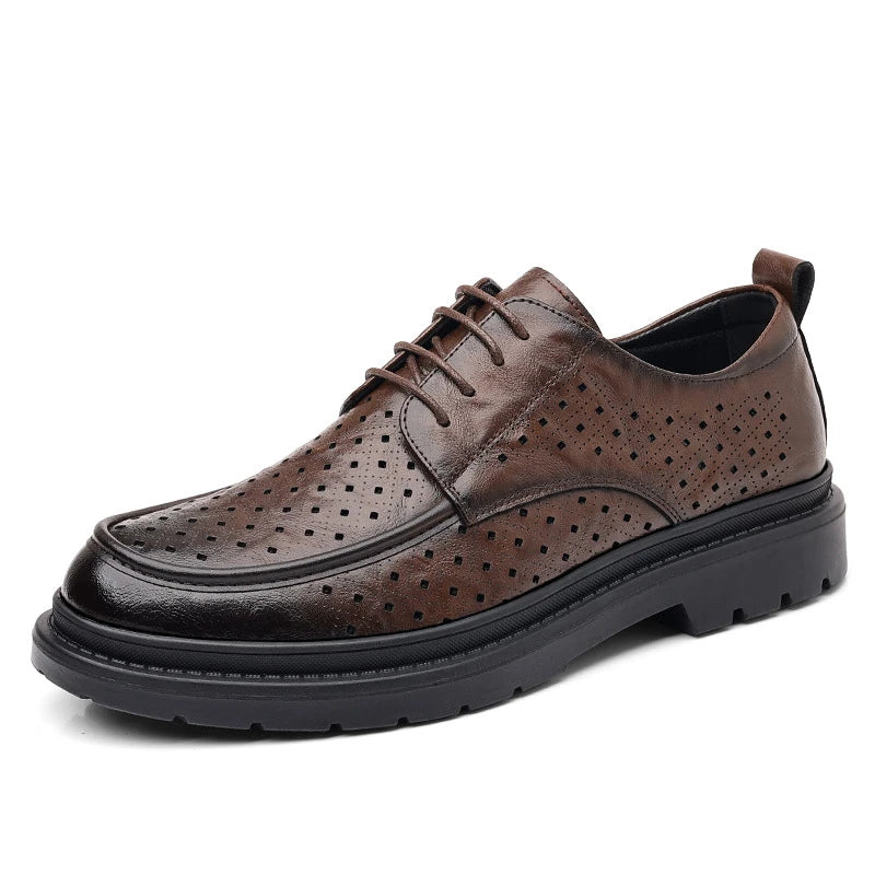 Mens Black Wrinkled Leather Apron Toe Lace Up Dress Shoes Thick Lug Sole Chunky Formal Business Office Work Daily Wear Shoes