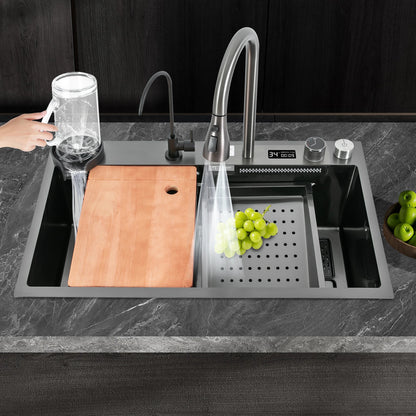 75*46CM Stainless Steel Waterfall Kitchen Sink with Pull Out Faucet,Soap Dispenser,Cup Washer