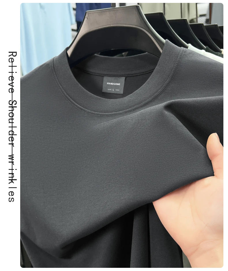 High quality luxury short sleeve T-shirt summer breathable cool silk cotton fashion solid color round neck top casual men's wear