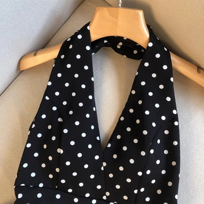 Backless Sexy Halter Beach Babydoll Crop Tops Women Polka Dots V Neck Sleeveless T Shirt Ruffles Basic Tees Not-Padded Pad