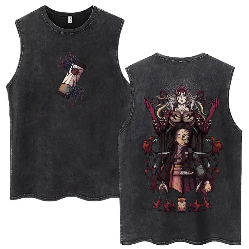 Washed Anime Demon Slayer Hashibira Inosuke Mask Face Tank Tops Men Women Vintage Fashion Cotton Sleeveless T Shirts Streetwear