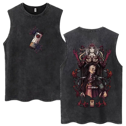 Washed Anime Demon Slayer Hashibira Inosuke Mask Face Tank Tops Men Women Vintage Fashion Cotton Sleeveless T Shirts Streetwear