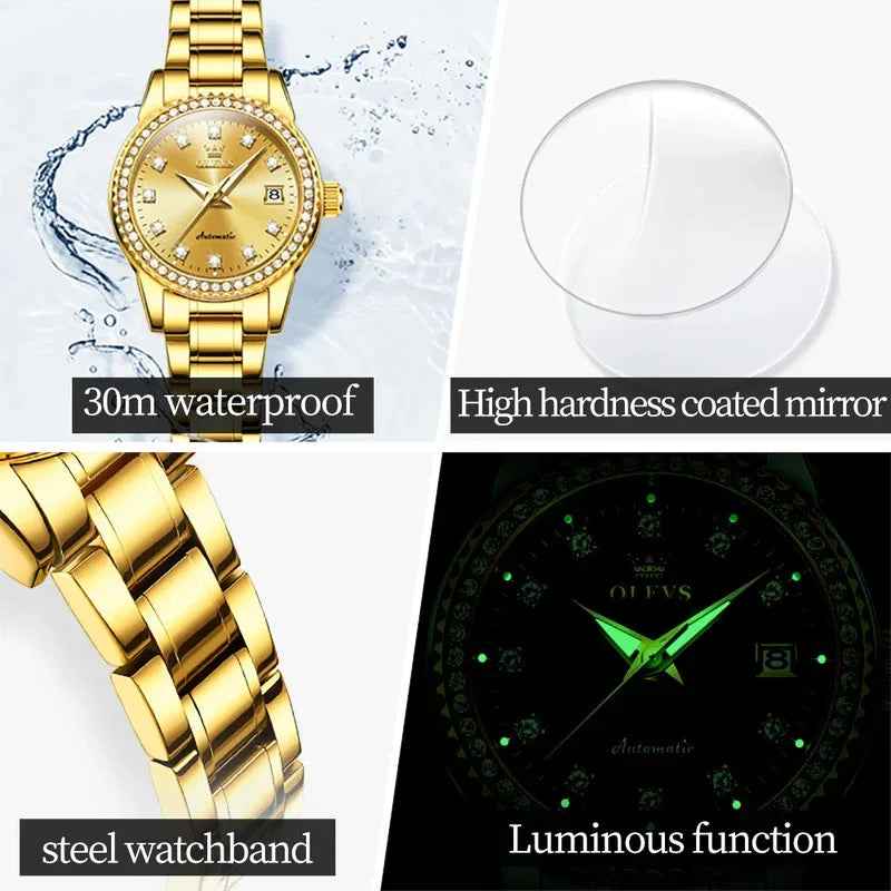 OLEVS 7003 Women Automatic Watch Waterproof Luminous Calendar Mechanical Ladies Wristwatch Steel Strap Luxury Watch Women