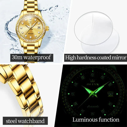 OLEVS 7003 Women Automatic Watch Waterproof Luminous Calendar Mechanical Ladies Wristwatch Steel Strap Luxury Watch Women