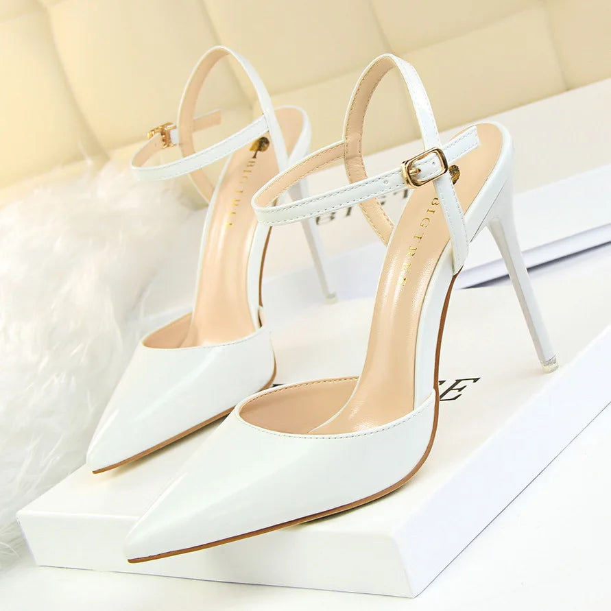 Women High Heels Sandals Metallic Gray Patent Leather Stripper Ankle Strap Wedding Nightclub Pointed Toe Party Valentine 86-1