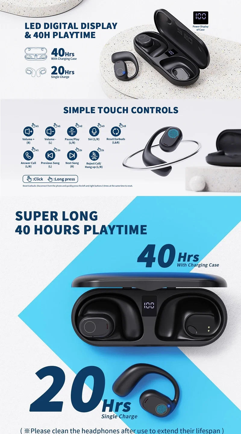 UYUXIO Open Ear Headphones Bluetooth 6.0 Wireless Sports Earbuds with Digital Display 40 Hours Playtime Ear buds for Traveling