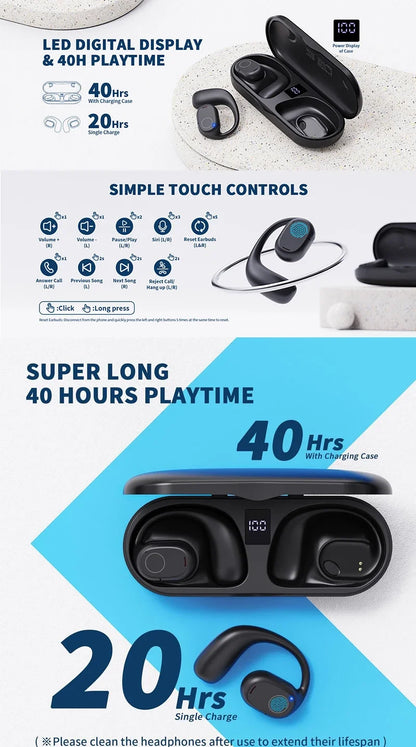 UYUXIO Open Ear Headphones Bluetooth 6.0 Wireless Sports Earbuds with Digital Display 40 Hours Playtime Ear buds for Traveling