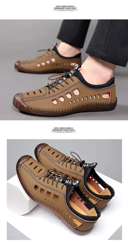 Men's Soft Leather 2024 Summer Men Leather Sandals Breathable Non-slip Cow Tendon Sole Casual Leather Shoes Outdoor Beach Shoes