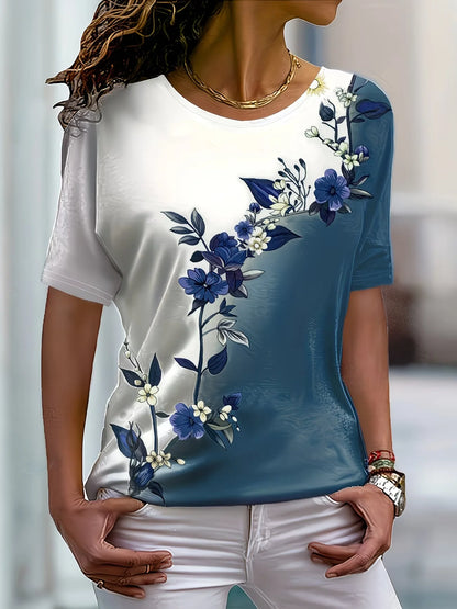 Lady T Shirts Crew Neck Short Sleeve Gradient Purple Flower Branch Print T Shirt Women's Outfits Casual Streetwear Cool Clothes
