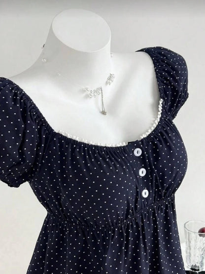 Polka Dot Babydoll Top Women Summer Sweet Korean Puff Short Sleeve Chiffon Blouse Square Neck Summer Vintage Youthful T-shirt