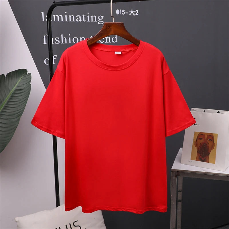 Women Cotton T-Shirt Summer Oversized Solid Tees Candy Color Loose Tops