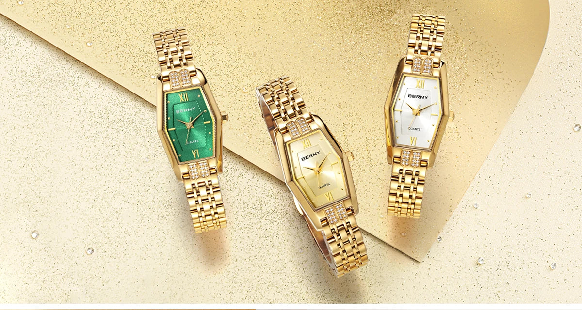 BERNY Gold Watches for Women Elegant Dainty Hexagon Ladies Quartz Wrist Watches Stainless Steel Band Fashion Luxury Bracelet