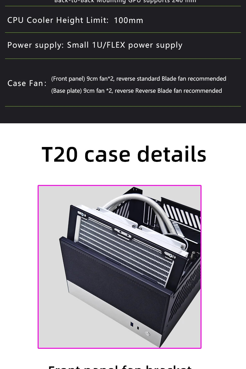 METALFISH T20 Mini ITX White Case 9L Compact PC Chassis Support Flex PSU/240mm GPU/100mm Cooler/180 Liquid Cooler