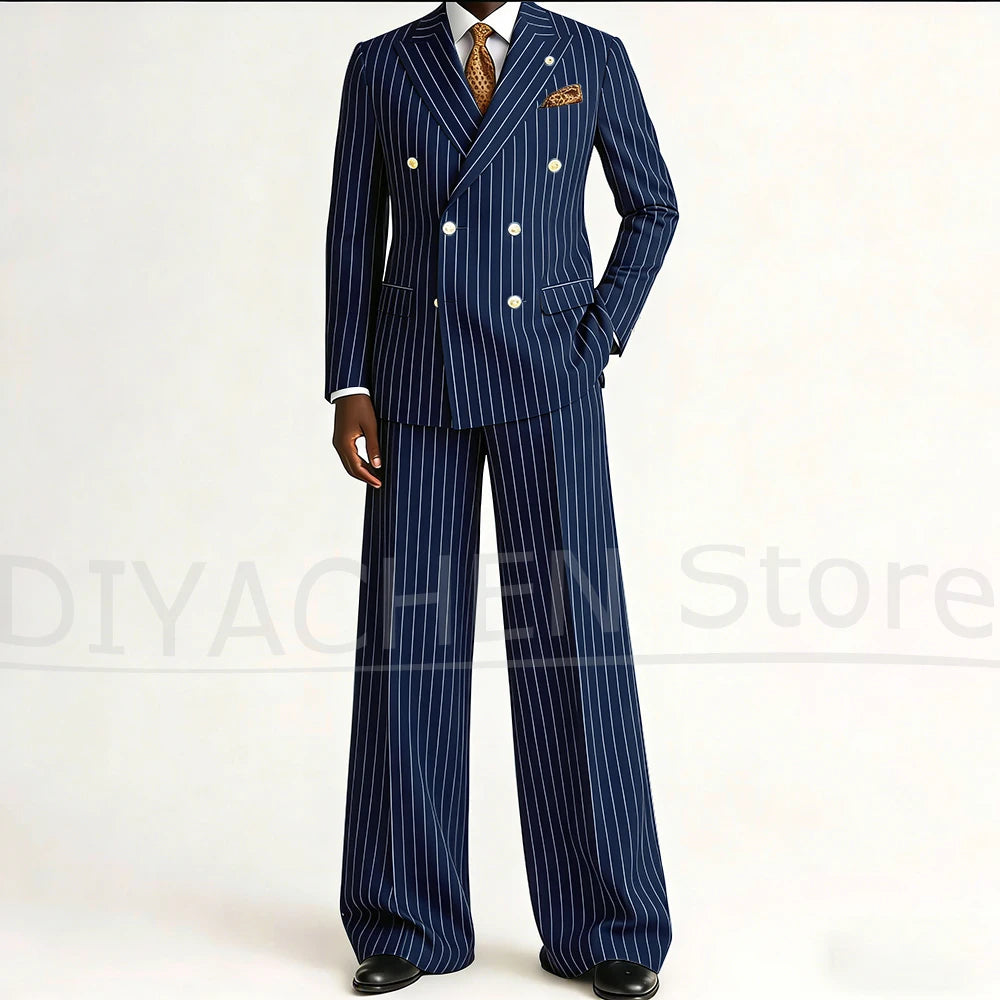 Men's Striped Double Breasted Suit Set Fashion Peak Lapel Formal Outfits 2 Piece Wedding Business Events Casual Male Suit