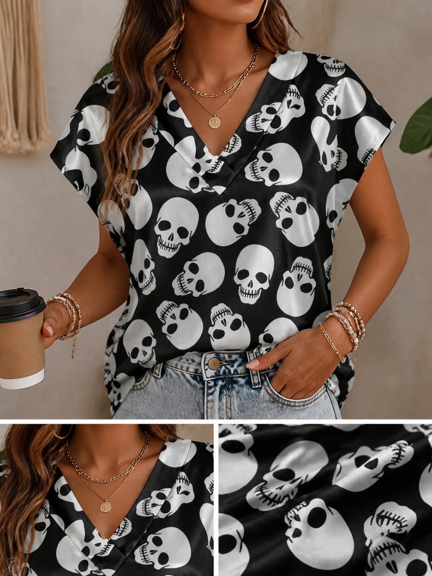 Women's Satin V-neck Tropical Floral Print Short-Sleeve Summer Shirt Casual Street Fashion T-Shirt New Beachwear