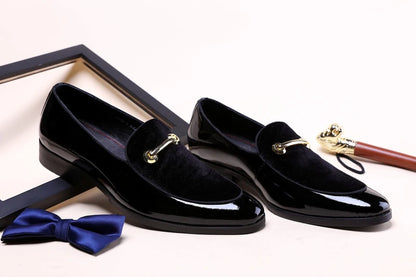 Mens Formal Navy Blue Velvet Patent Leather Loafers With Gold Horsebit Accent Flat Heel Comfortable Non Slip Breathable Business