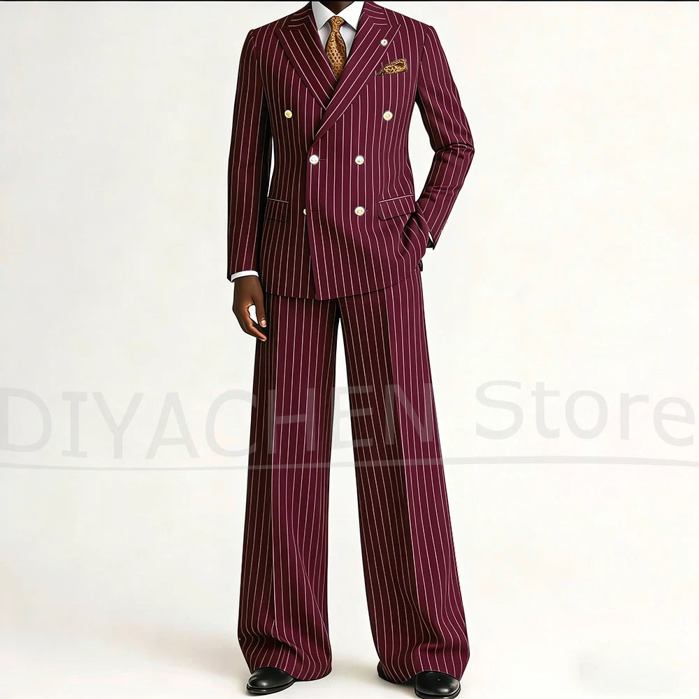 Men's Striped Double Breasted Suit Set Fashion Peak Lapel Formal Outfits 2 Piece Wedding Business Events Casual Male Suit