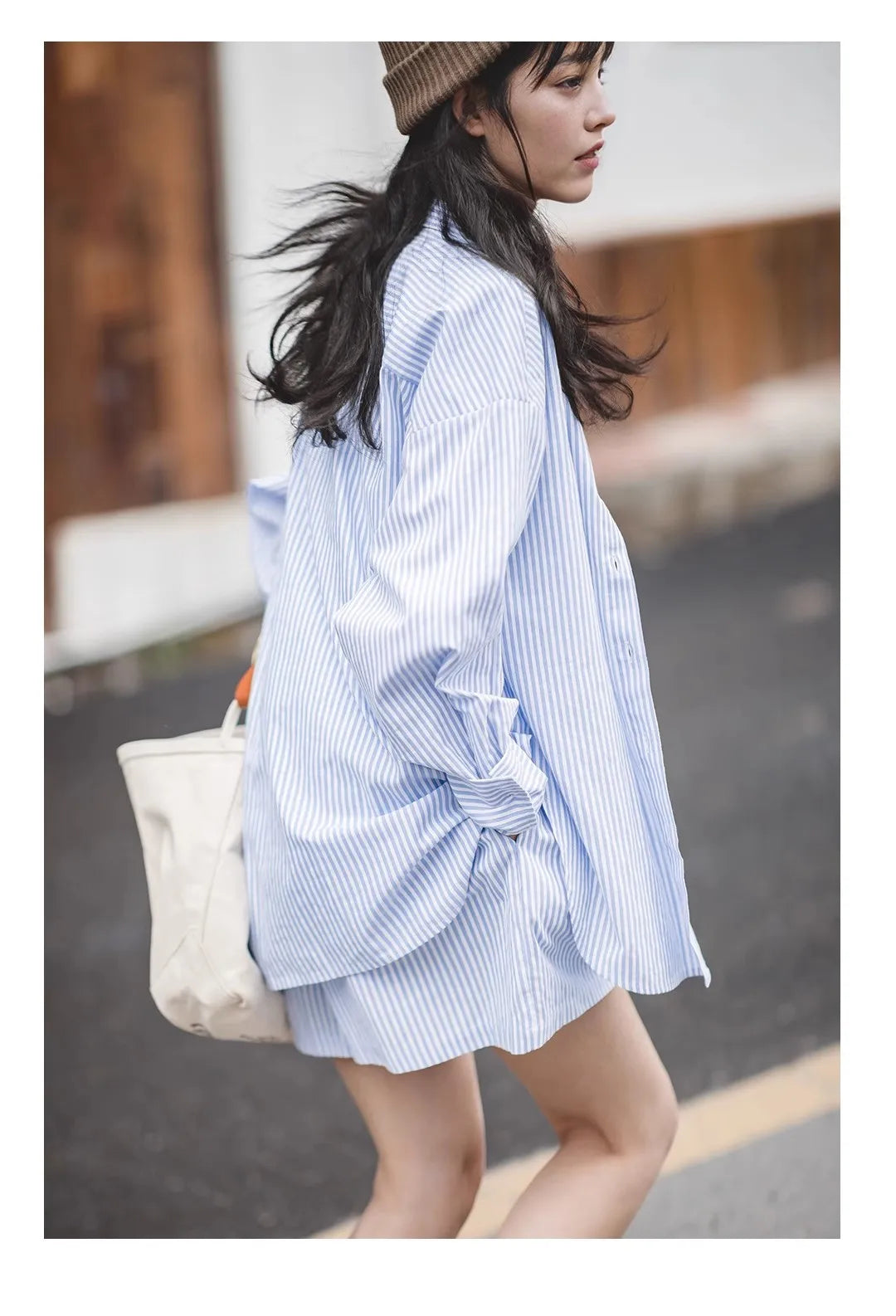 Maden Women's Blue White Striped Shirt and Shorts Sets Loose Casual French Classic Summer Suit Elegant Matching Two Piece Set