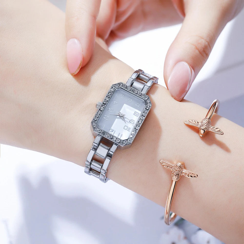 Luxury Women's Watch 2025 New Simple Square Full Diamond Digital Quartz Watche Gold Stainless Steel Bracelet Women's Dress Clock