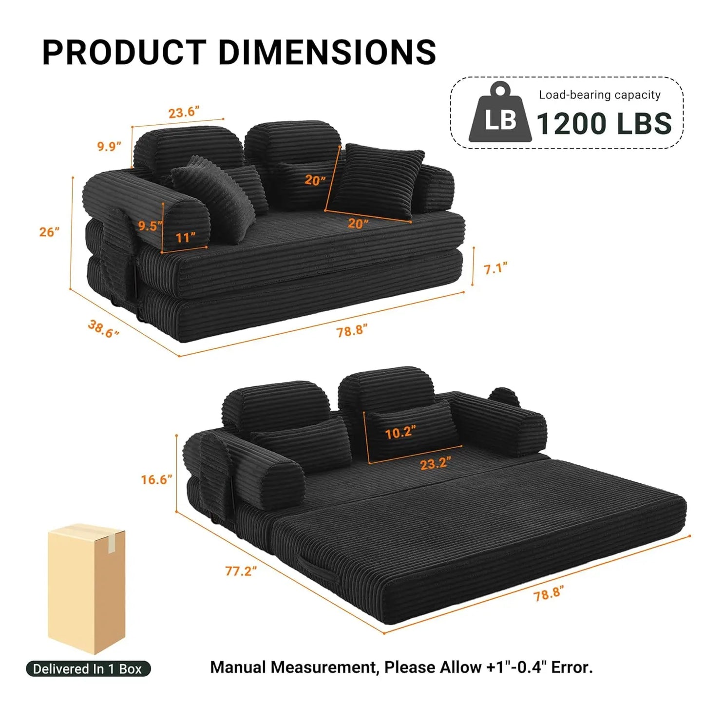 78.8in Convertible Corduroy Sleeper Sofa Bed High Backrest 5-in-1 Side Pocket Living Room No Assembly Removable Washable, Custom