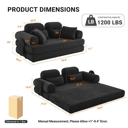 78.8in Convertible Corduroy Sleeper Sofa Bed High Backrest 5-in-1 Side Pocket Living Room No Assembly Removable Washable, Custom