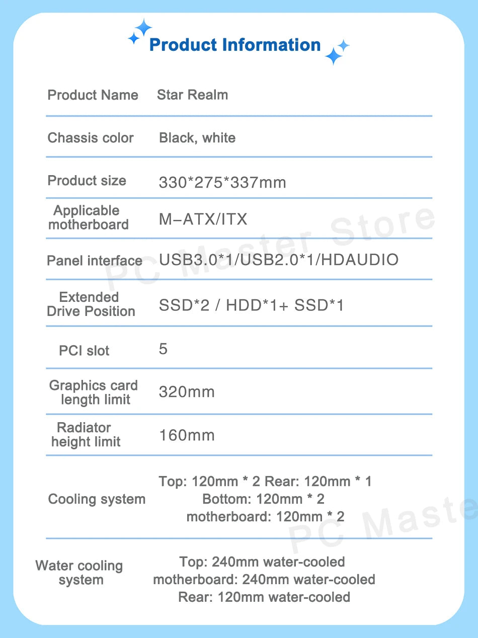 Power Train Star Realm M-ATX Desktop Computer Case Without Pillars Three Sided Glass Panoramic Sea View Room 240 Water Cooling