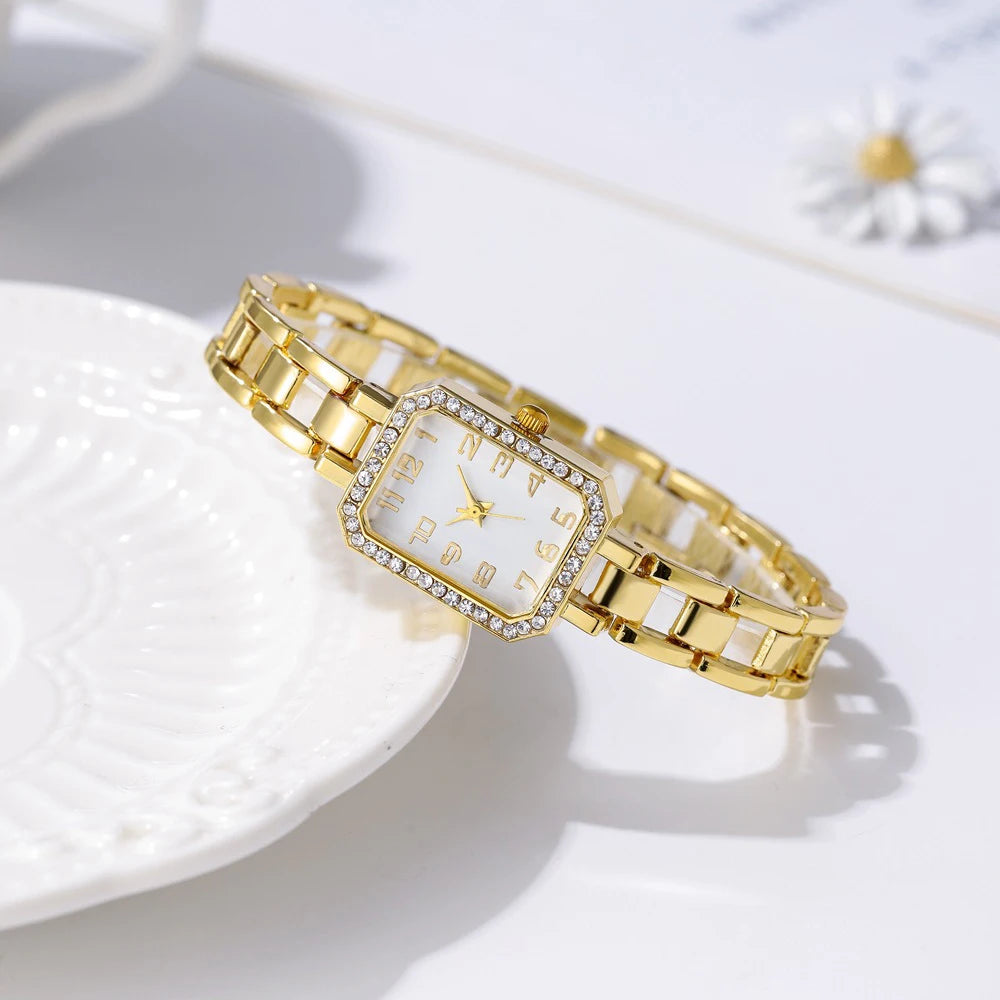 Luxury Women's Watch 2025 New Simple Square Full Diamond Digital Quartz Watche Gold Stainless Steel Bracelet Women's Dress Clock