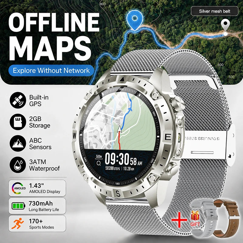 New Outdoor GPS Offline Map Smart Watch Men 3ATM Waterproof 170+ Sports LED Compass Altimeter AMOLED Bluetooth Call Smartwatch