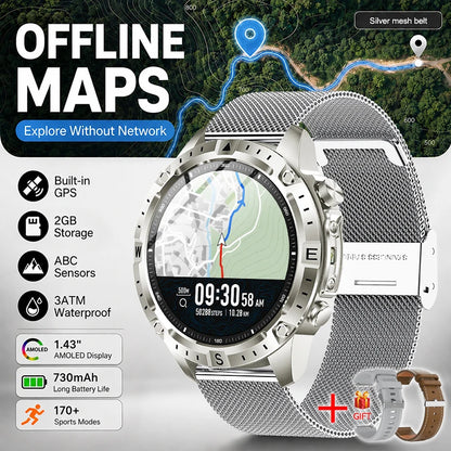 New Outdoor GPS Offline Map Smart Watch Men 3ATM Waterproof 170+ Sports LED Compass Altimeter AMOLED Bluetooth Call Smartwatch