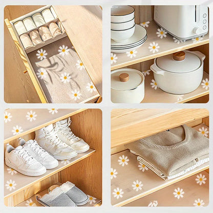 1 Roll 300cm/118inch Waterproof Non-Slip Plastic Shelf Liner Roll,Multipurpose Cabinet Drawer Mat Liner for Kitchen Daisy Design