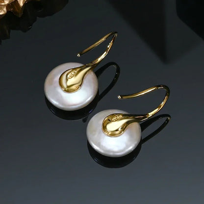 HENGSHENG OL Natural Freshwater 11-13mm White Button Shape Baroque Pearl Earring 925 Sterling Silver Ear Hook Jewelry for Women