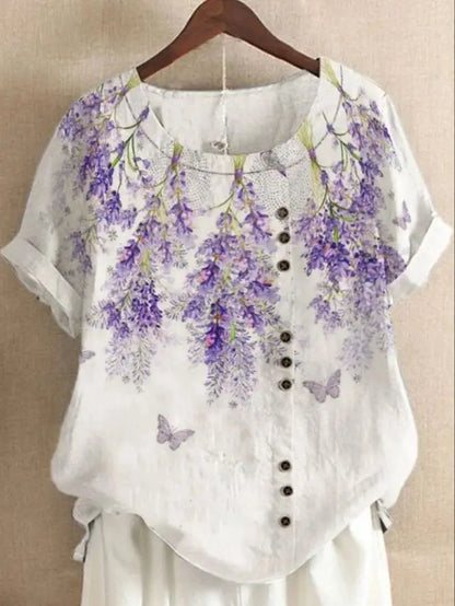 2025 Summer retro fashion printed loose casual shirt top, suitable for casual or vacation ladies' beachwear
