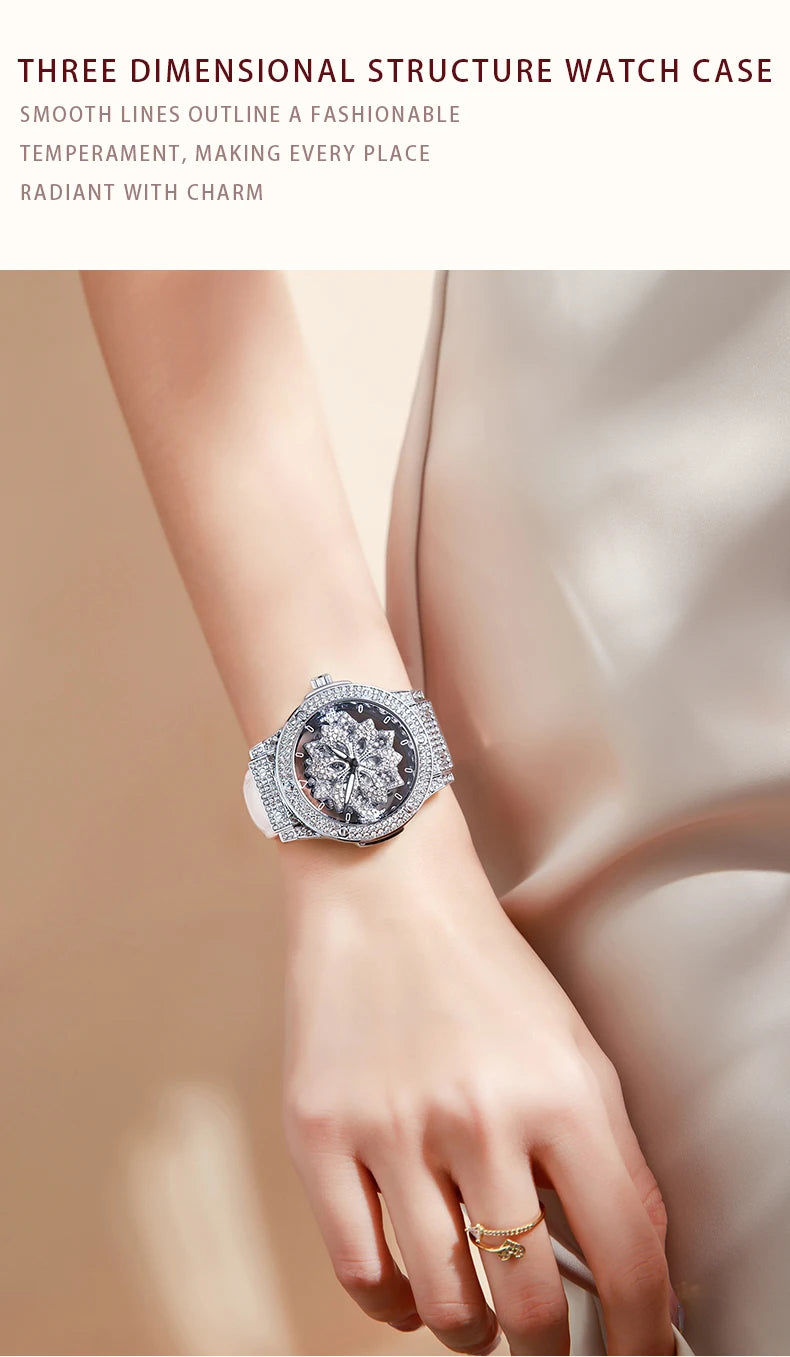 Popular women's watch with fashionable large dial, pentagram waterproof watch for girls, snowflake rotating hollow women's watch