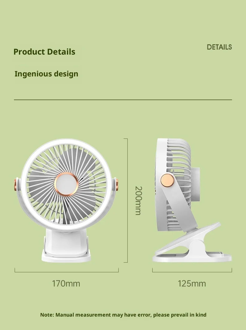 Portable Clip On Fan With LED Light, 720° Rotation Mini USB Rechargeable Fan, 5 Speed Quiet Cooling Fan For Home Office Camping