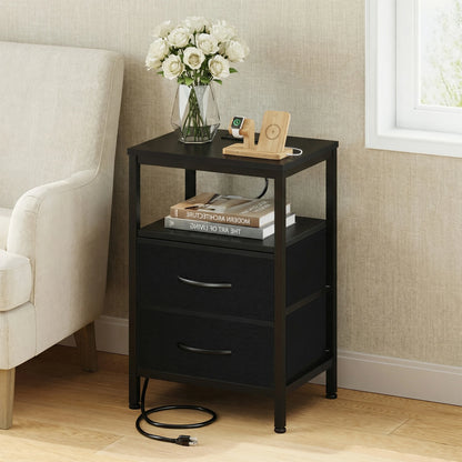JHK 2 Fabric Drawers Night Stand with Open Shelf Bedside Table with USB Ports Charging Station Storage End Table for Living Room